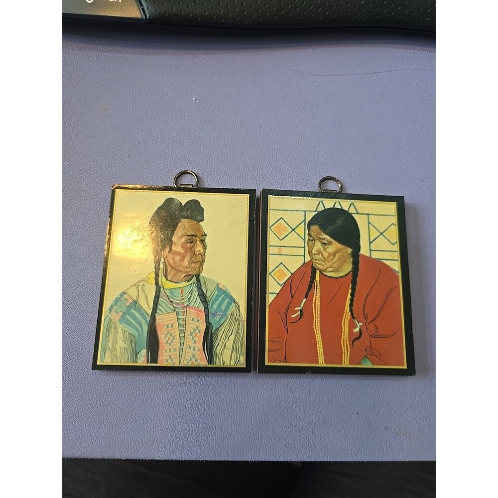 Vtg 2 American Indian Prints On Wood by Winold Reiss Signed 1938 Size 2.5x3.25"